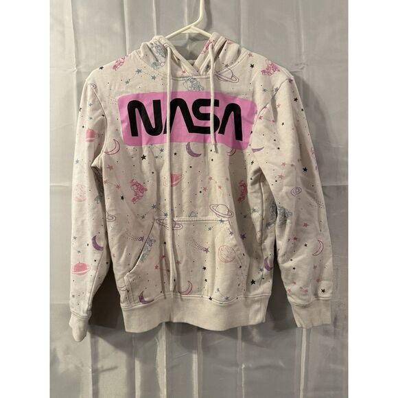 Hyper Space NASA Logo White‎ Pink Hoodie Sweatshirt XS Astronaut Saturn Moon - Picture 1 of 3